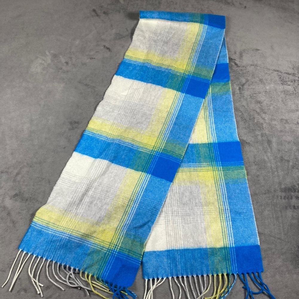 Charter Club Luxury 100% Cashmere Scarf Blue Yellow White Plaid Fringe Trim